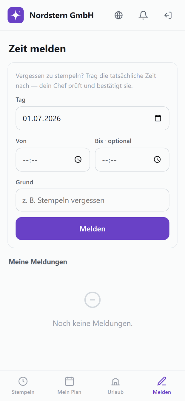 Nordstern App — Zeit nachmelden