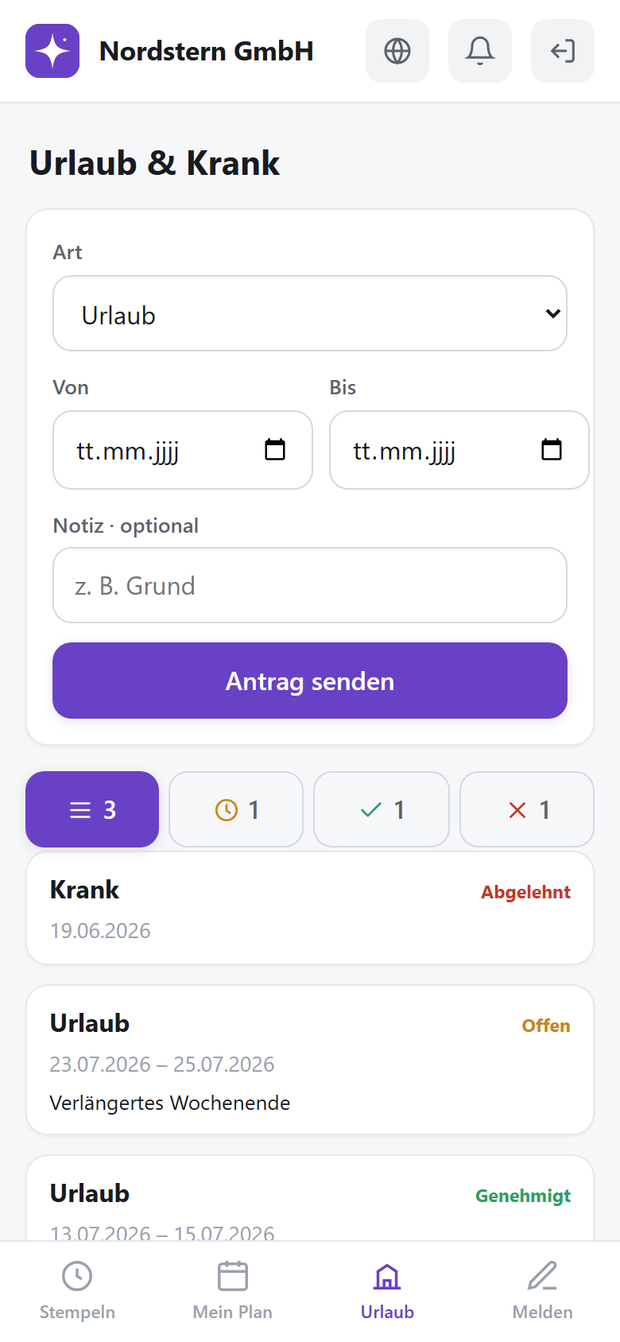 Nordstern App — Urlaub & Krank