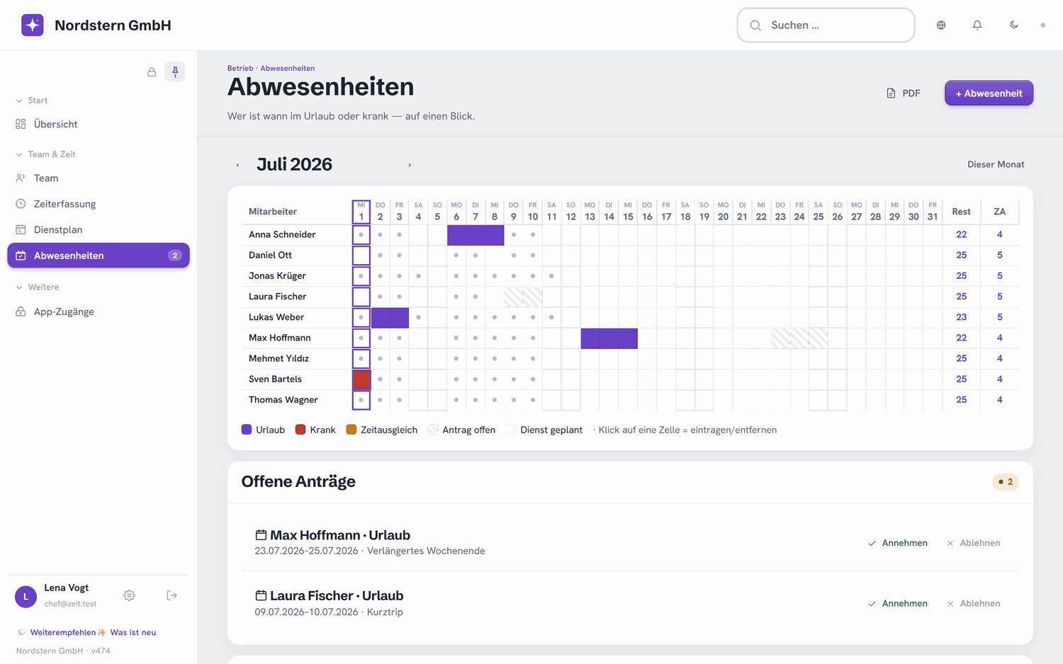 Nordstern GmbH — Abwesenheiten: Urlaub & Krank im Kalender