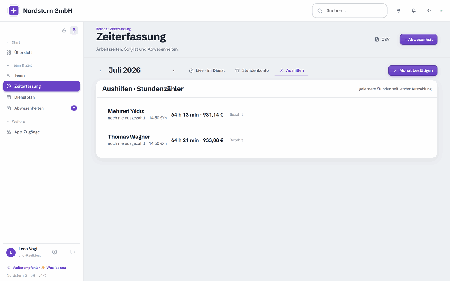 Nordstern GmbH — Aushilfen-Stundenzähler