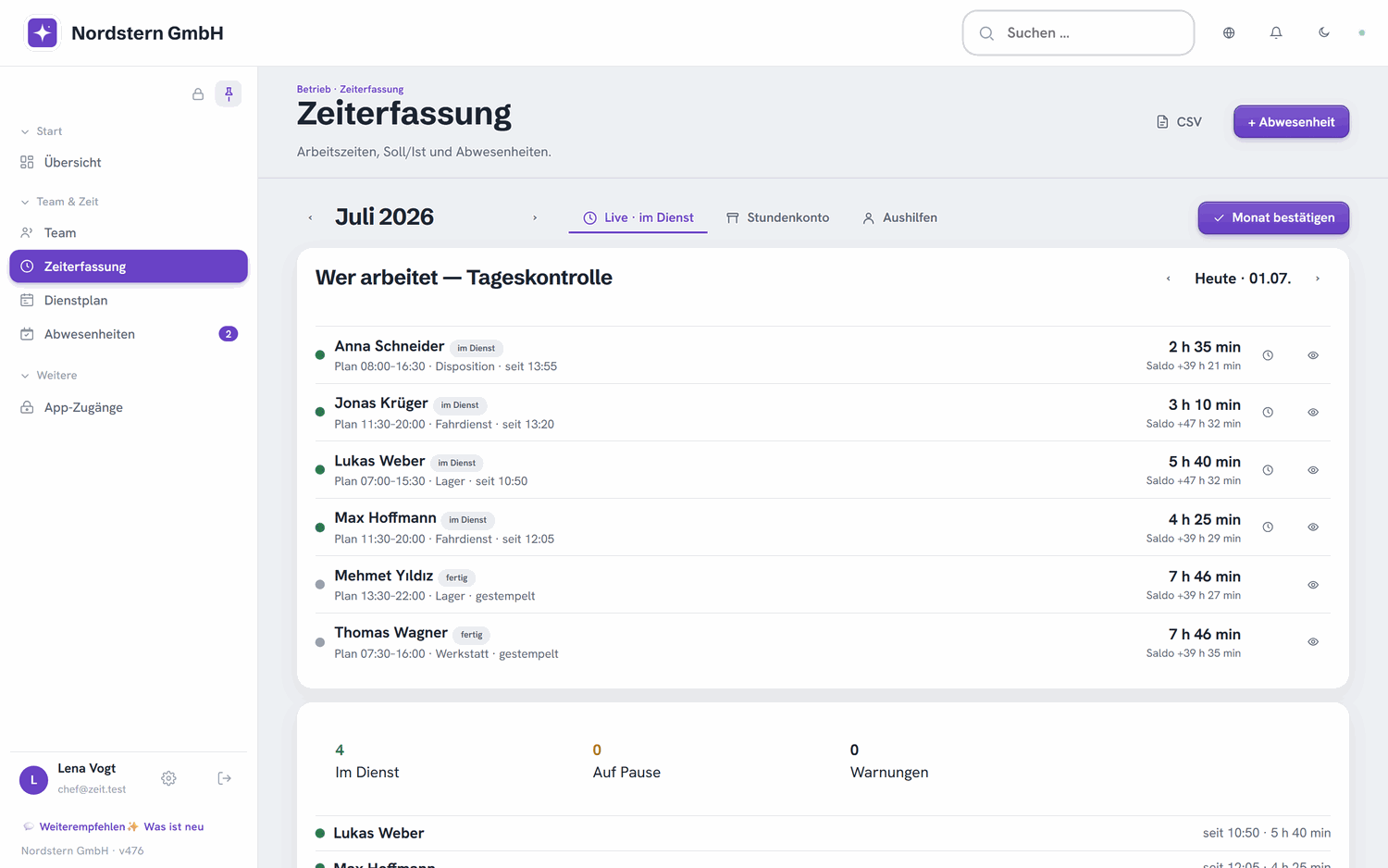 Nordstern GmbH — Zeiterfassung Tageskontrolle